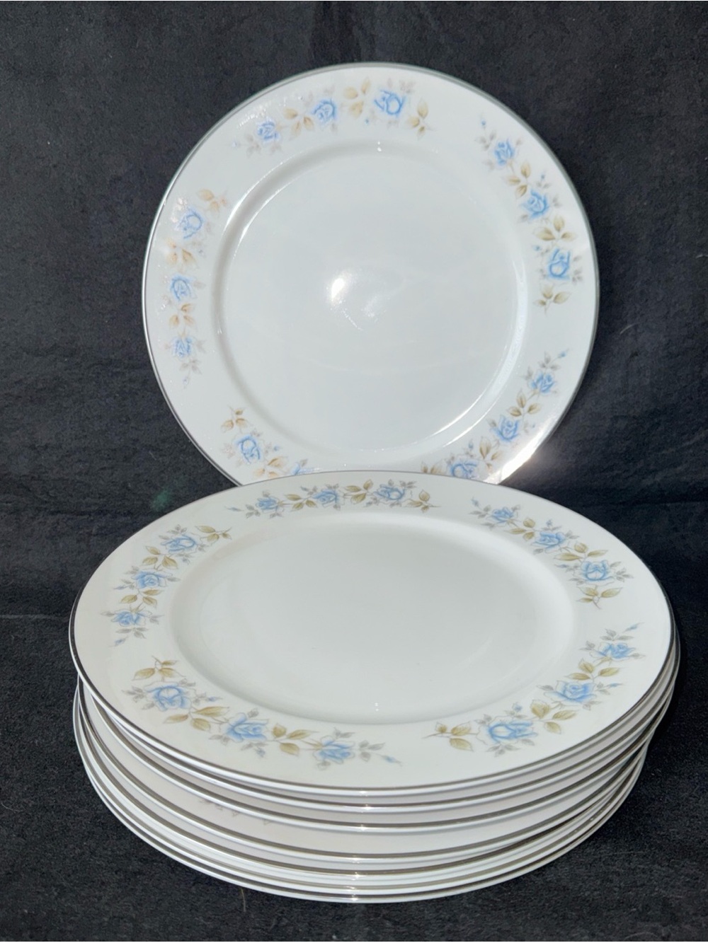 Lennold Fine China Rhapsody 1812 10.5" Dinner Plate Lot Of 8 Blue Rose Japan